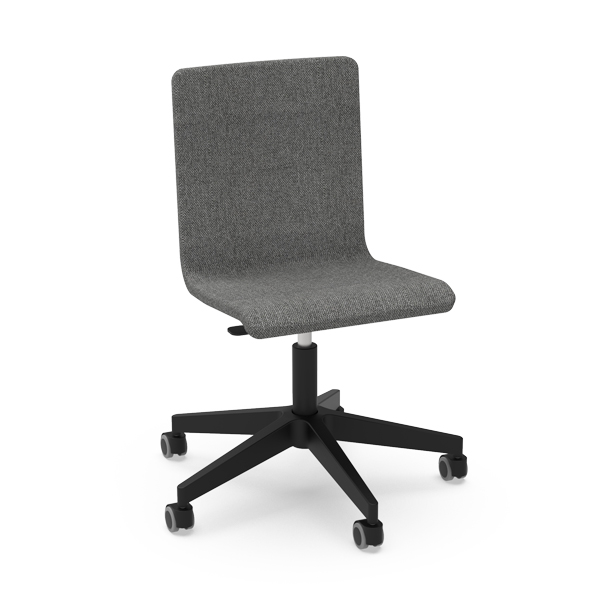 La Chaise RETA Spin Rembourrée a une assise et un dossier en tissu gris, un piétement noir à cinq branches, pas d'accoudoirs, et est représentée sur fond blanc.