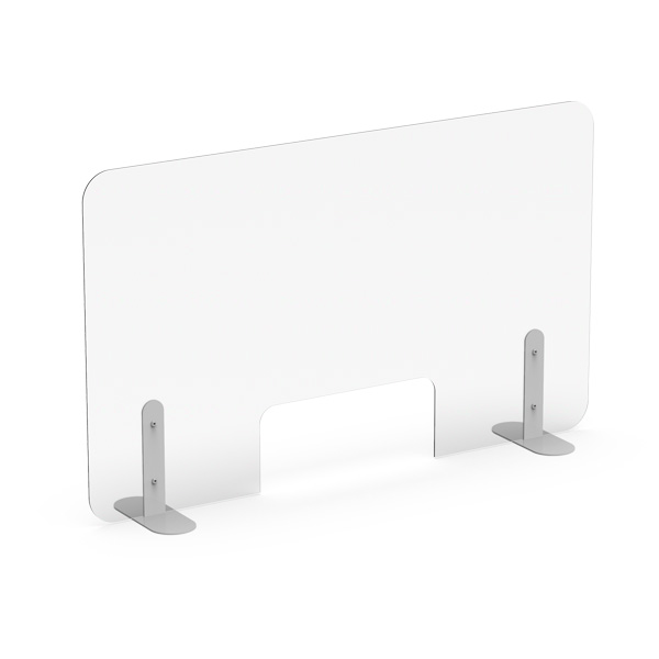La Protection en acrylique avec base métallique est une protection hygiénique en acrylique transparent aux coins arrondis, posée sur deux pieds métalliques et dotée d'une découpe centrale rectangulaire pour l'échange de documents ou d'objets.
