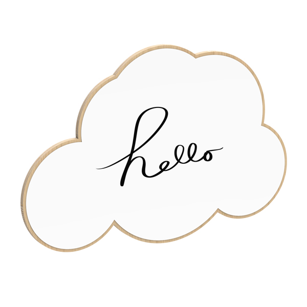 Le Sign P Cloud est un tableau blanc en forme de nuage avec une bordure en bois clair. Le mot "hello" est écrit en cursive noire au centre du tableau.