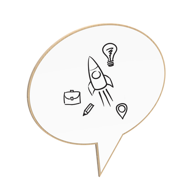 Une bulle de dialogue avec des dessins noirs d'une fusée, d'une ampoule, d'un porte-documents, d'un crayon, d'un panneau de signalisation et d'un marqueur d'emplacement apparaît sur un fond blanc.