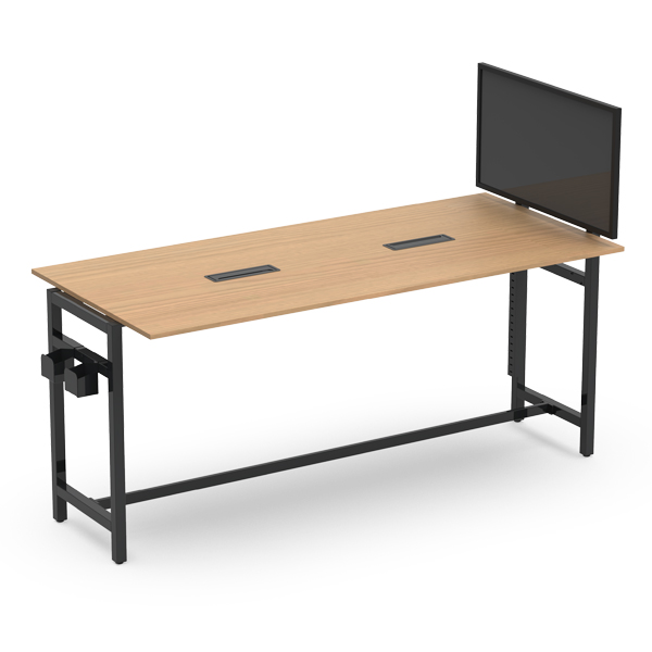 La Table Smart Desk avec écran se compose d'une surface en bois, d'un cadre en métal noir, de deux fentes rectangulaires pour les câbles, d'un moniteur monté à droite et d'un porte-accessoire à gauche.