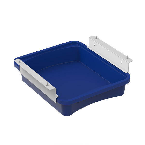 Bac rectangulaire bleu en plastique avec deux supports de fixation en métal blanc pour une installation murale ou sur rail, conçu pour le système Sous-plaque avec plateau ERGOS.