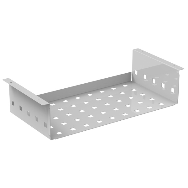 Le Sous-plaque en métal perforé pour tables est un plateau métallique avec des trous carrés perforés sur le fond et les côtés, des bords latéraux surélevés et des brides de montage aux deux extrémités pour une gestion et un support efficaces des câbles.