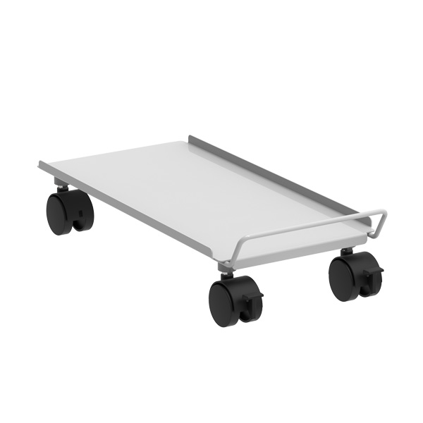 Le Support Atlantic suspendu pour ordinateur est un support blanc rectangulaire pour unité centrale, doté de quatre roues pivotantes noires et d'une poignée en métal pour une mobilité aisée.