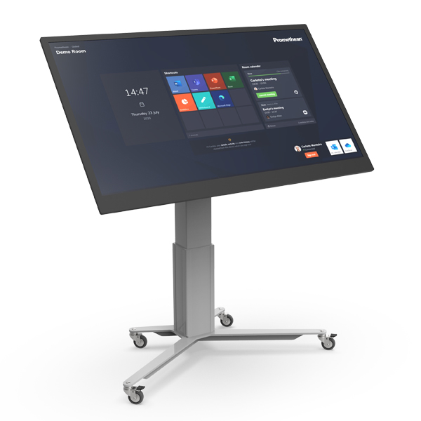 Le Netboard Flow Flip LED - Promethean est un grand écran tactile monté sur un support à roulettes réglable, qui affiche une interface utilisateur en mosaïque pour les réunions, le calendrier et les paramètres. L'écran porte la mention "Promethean" dans le coin supérieur droit.