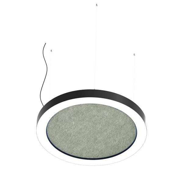 Le Lumière 4.0 est un plafonnier circulaire moderne avec un bord extérieur noir, un anneau lumineux blanc et un centre texturé gris. Il est suspendu par quatre câbles fins le long d'un cordon noir visible.
