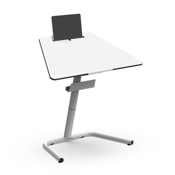 La Table One réglable - amortisseur offre un plateau blanc moderne, réglable en hauteur, avec une surface inclinée, un support de tablette intégré, un cadre métallique gris robuste avec amortisseur, et une base en forme de U pour une meilleure stabilité.