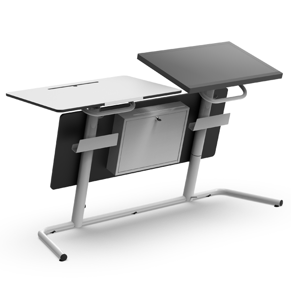 Table One - Professeur est un bureau moderne à deux plateaux, l'un plat, l'autre incliné, doté d'une structure métallique solide et d'un compartiment de rangement central sous le bureau.