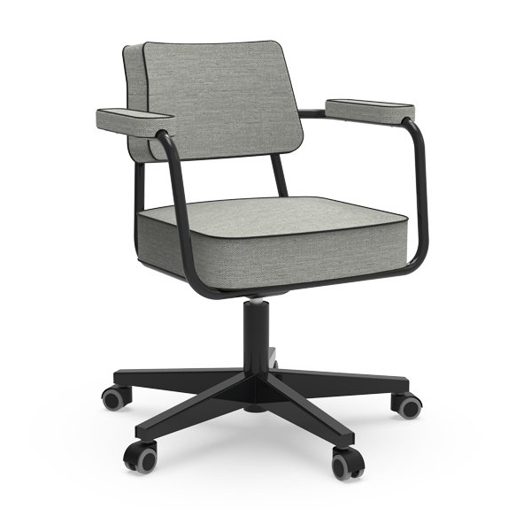 La Chaise REVIVAL est une chaise de bureau moderne avec un tissu gris clair, des accoudoirs en métal noir et une base noire à cinq roues. L'assise et le dossier sont carrés, la hauteur est réglable et la chaise est conçue pour le confort et le style.
