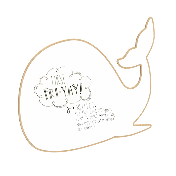 Un contour de baleine avec une bulle qui dit "First Fri-Yay !" et une note en dessous : Réflexion - C'est la fin de ta première semaine au zoo de Sign P. Qu'est-ce que tu apprécies dans notre classe ?.