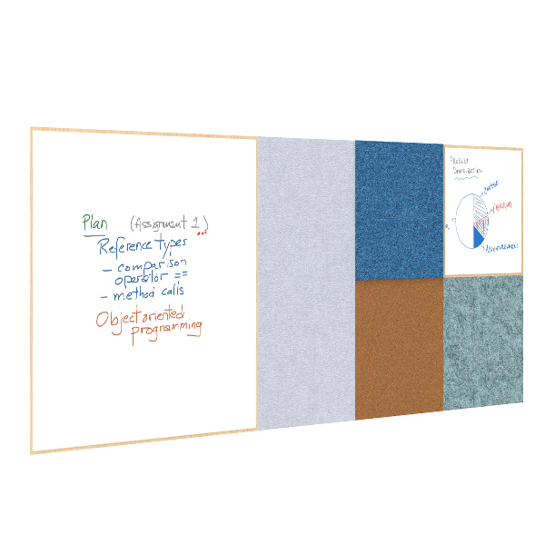 Un tableau blanc avec des notes de programmation, le Pixel Sign P, un camembert de la vue d'ensemble du téléphone et des panneaux en tissu gris, bleu et marron sont affichés côte à côte sur un mur.