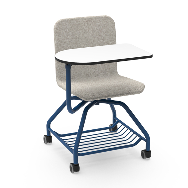La Chaise Smooth Rembourrée - Tablette est une chaise de bureau moderne pour étudiant avec une assise et un dossier rembourrés gris clair, une surface d'écriture blanche, un cadre en métal bleu, une étagère inférieure en fil de fer et quatre roues pivotantes noires.