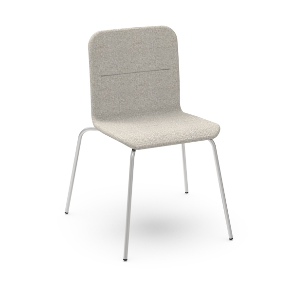 La Chaise Smooth Tapissé présente un design minimaliste avec une assise et un dossier rembourrés gris clair, associés à de minces pieds en métal blanc.