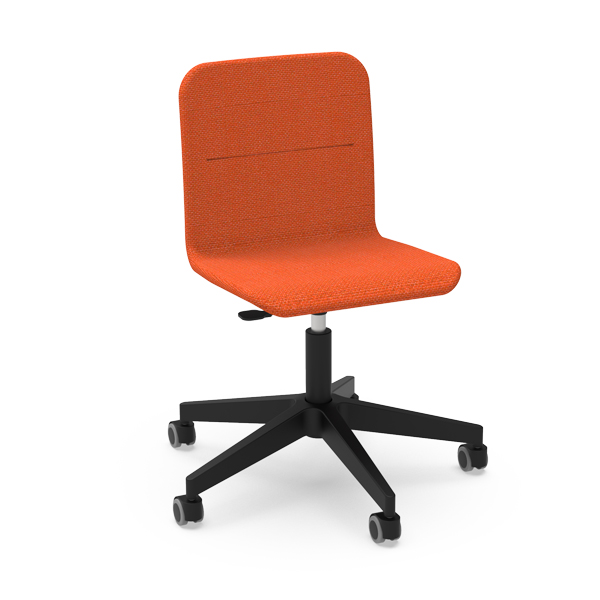 La Chaise Smooth S SPIN Tapissé est une chaise de bureau rembourrée orange au design simple et sans accoudoirs, avec un piètement noir à cinq roues pour une mobilité aisée.