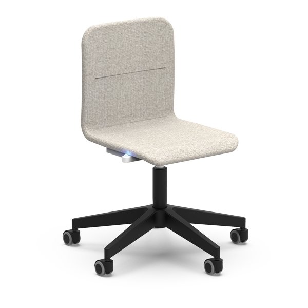 La Chaise Smooth 4.0 est une chaise de bureau moderne avec une assise et un dossier en tissu beige clair, un piétement noir à cinq roues et l'absence d'accoudoirs pour un aspect épuré et minimaliste.