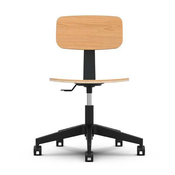 La Chaise Star est une chaise de bureau moderne dotée d'un dossier et d'une assise en bois clair, d'un piètement réglable noir et de cinq roulettes, sur fond blanc.