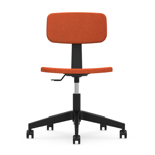 La Chaise Star est une chaise de bureau moderne dotée d'une assise et d'un dossier rembourrés de couleur orange, d'un piètement réglable de couleur noire et de cinq roulettes, le tout sur fond blanc.