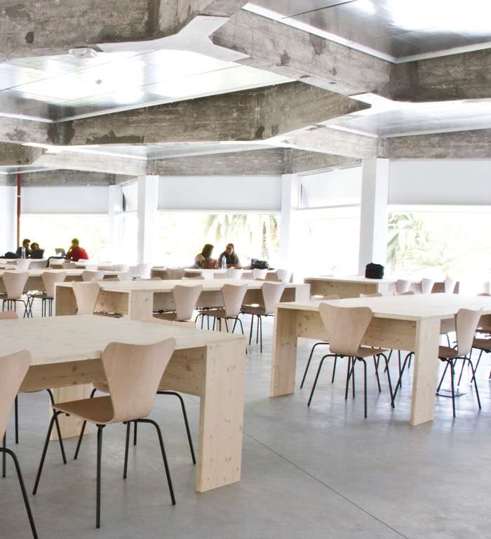Une pièce spacieuse et moderne avec de grandes fenêtres, un plafond en béton et des rangées de tables et de meubles de bureau en bois clair. Quelques personnes sont assises et travaillent, créant une atmosphère calme et collaborative dans ce bureau innovant.
