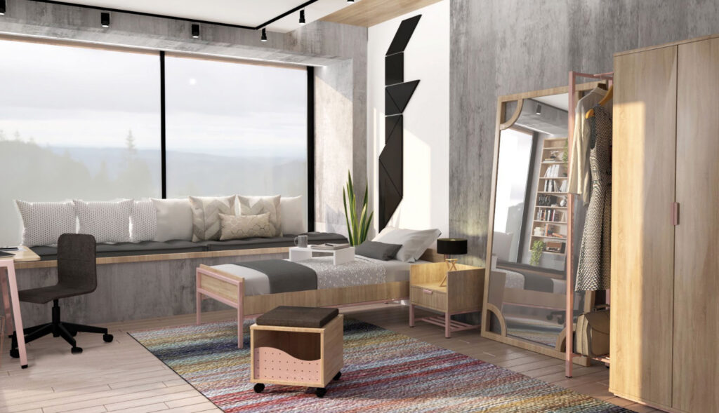 Une chambre à coucher moderne avec un lit simple, une grande fenêtre, un bureau et une armoire. Des tons neutres, un tapis coloré, un miroir, des étagères et des coussins décoratifs complètent cet espace douillet doté d'un mobilier innovant pour une ambiance bien éclairée.