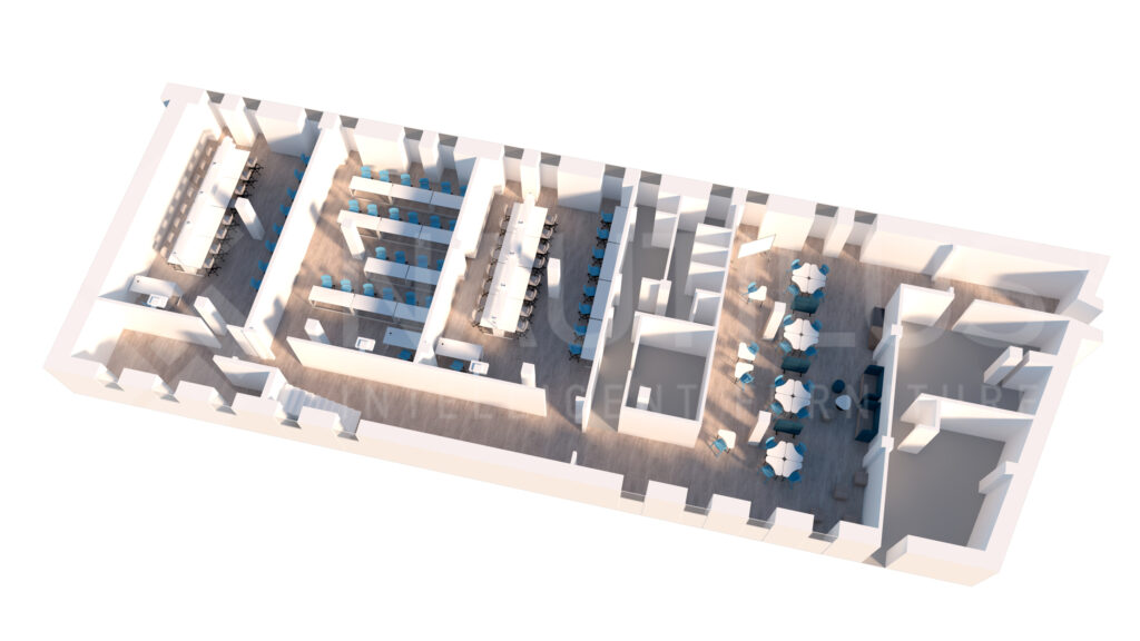 Plan en 3D d'un bâtiment comprenant plusieurs pièces, dont un espace ouvert avec des tables rondes et des chaises, plusieurs rangées de bureaux, des salles privées le long du périmètre et des laboratoires dédiés. L'agencement est clair et bénéficie de la lumière naturelle.