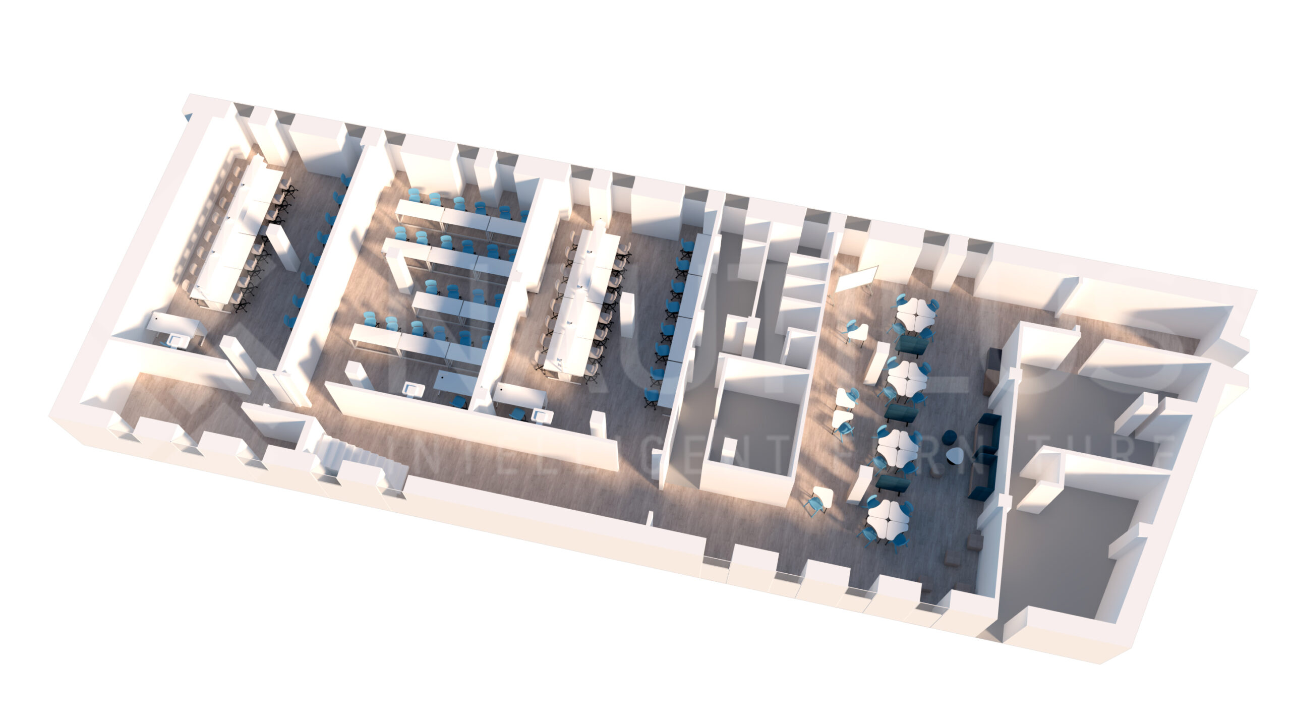 Plan en 3D d'un bâtiment comprenant plusieurs pièces, dont un espace ouvert avec des tables rondes et des chaises, plusieurs rangées de bureaux, des salles privées le long du périmètre et des laboratoires dédiés. L'agencement est clair et bénéficie de la lumière naturelle.