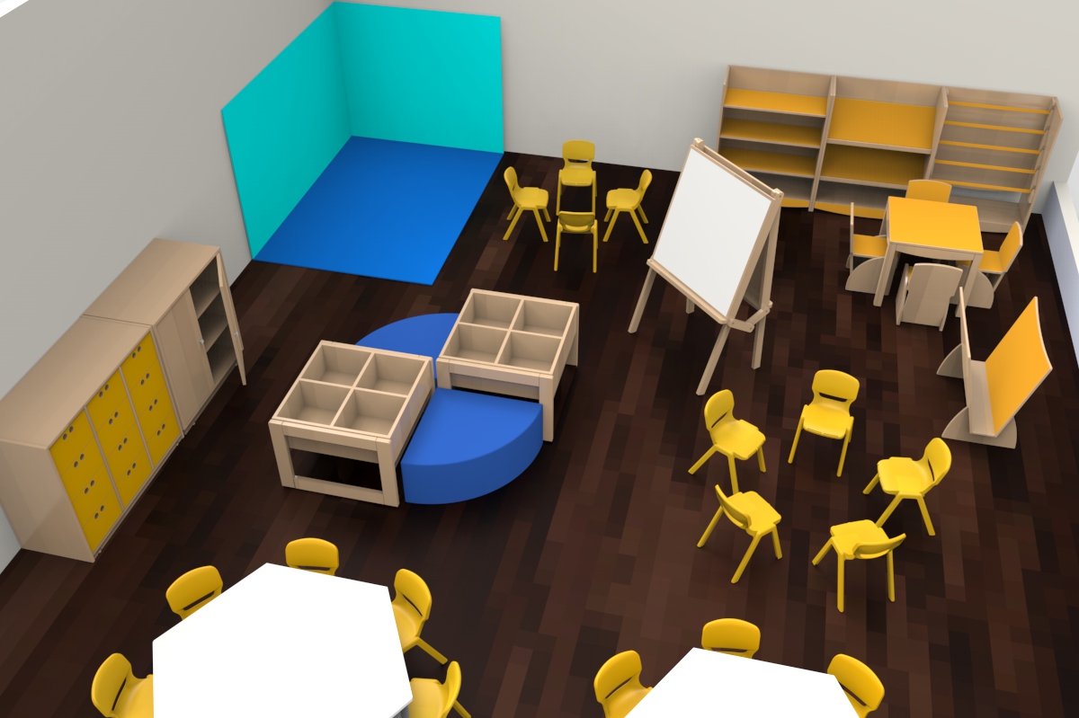 Une salle de classe avec un sol en bois foncé, des chaises jaunes, des tables, des étagères, des meubles de rangement, un chevalet d'art et une aire de jeu bleue et turquoise dans un coin. Les meubles sont disposés en grappes pour les activités de groupe.