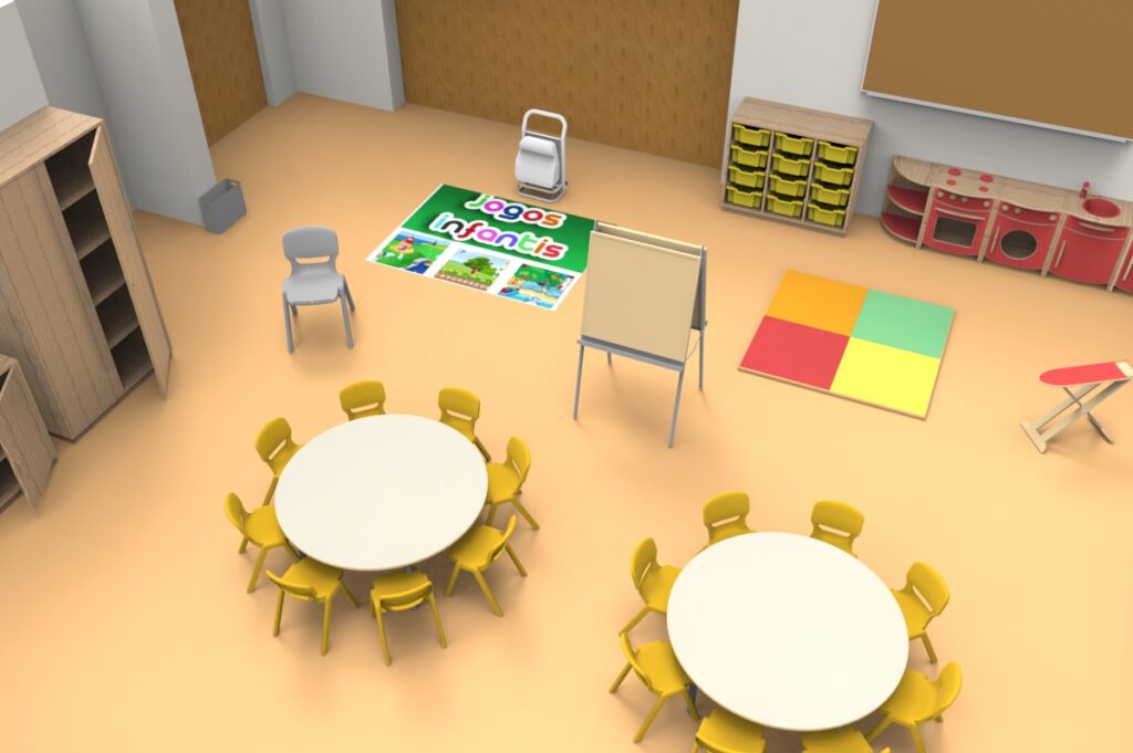 Une salle de classe préscolaire colorée avec des tables rondes et des chaises jaunes, un tapis de lecture, un chevalet, une étagère avec des bacs, une cuisine ludique et un tapis à damier sur un sol beige clair.