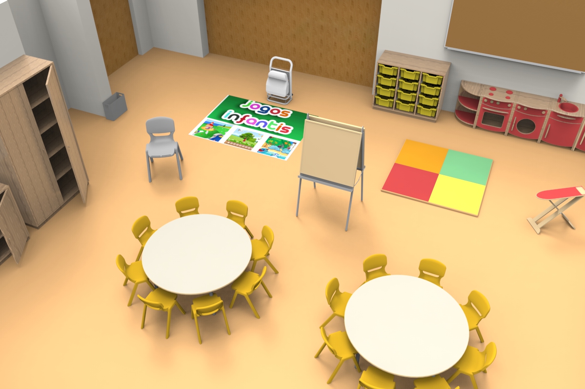 Une salle de classe préscolaire colorée avec des tables rondes et des chaises jaunes, un tapis de lecture, un chevalet, une étagère avec des bacs, une cuisine ludique et un tapis à damier sur un sol beige clair.