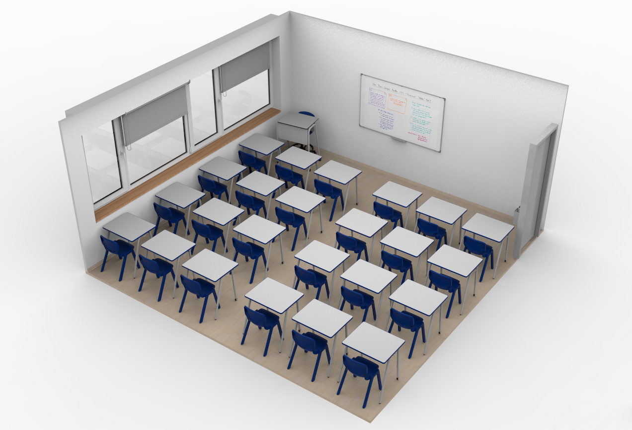 Une salle avec des bureaux et des chaises, équipée pour l'enseignement en ligne dans une école numérique.