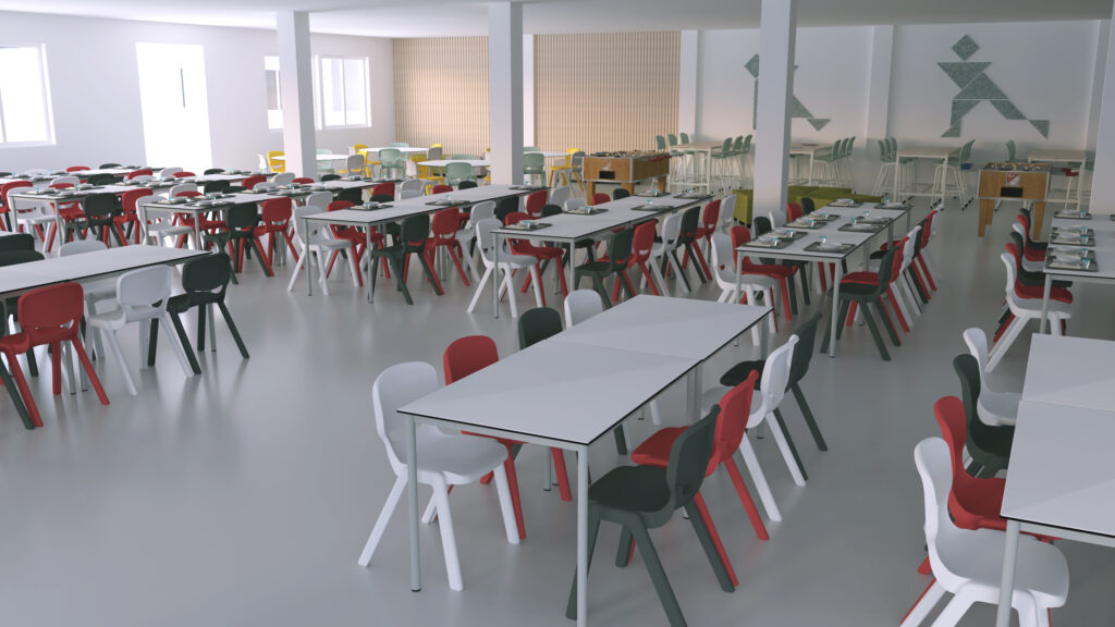 Une cafétéria spacieuse et moderne avec de nombreuses tables et des chaises colorées en rouge, noir et blanc. De grandes fenêtres apportent de la lumière naturelle et des tables hautes avec des tabourets sont disposées le long des murs. L'endroit semble propre et vide.