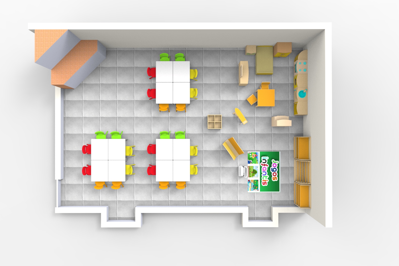 Vue de haut d'une salle de classe aux couleurs vives avec quatre tables entourées de petites chaises, une zone de lecture avec des étagères, une zone de jeu, et diverses étagères et armoires le long des murs.