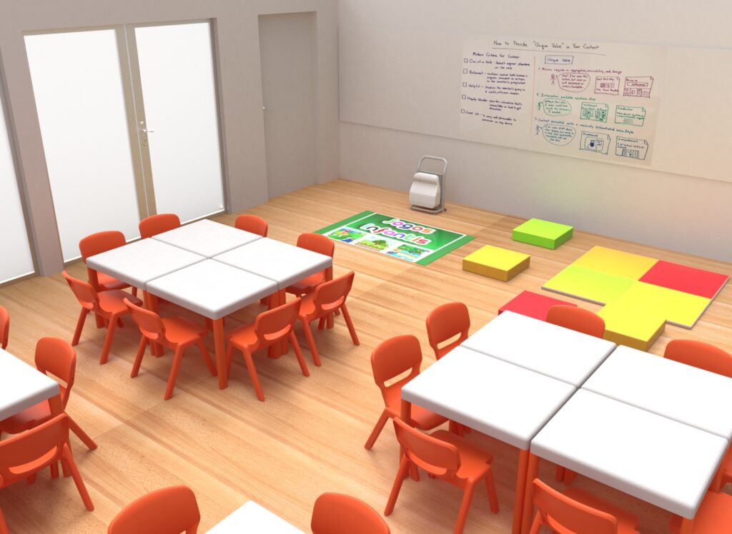 Une salle de classe moderne avec des chaises orange autour de tables blanches, des tapis de sol colorés, un tapis de jeu et un tableau blanc avec des diagrammes et des notes, le tout posé sur un sol en bois clair. De grandes fenêtres et portes laissent entrer la lumière naturelle.