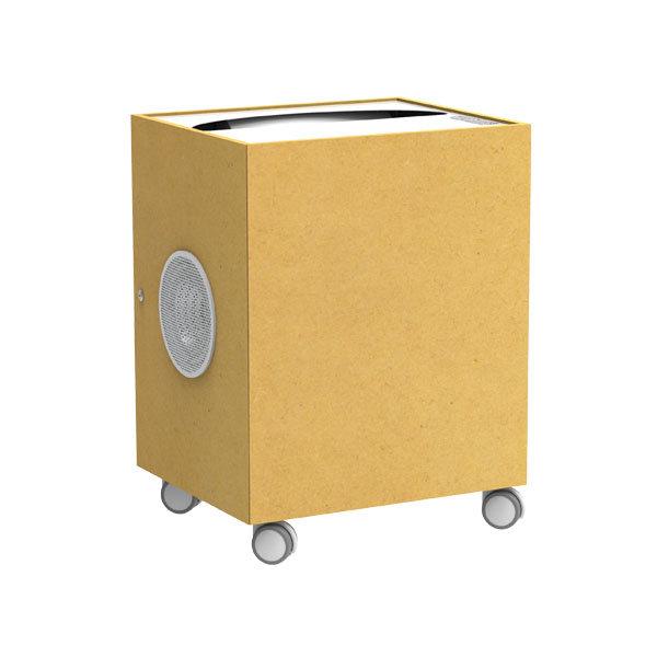 Le Netboard Portable 360 est un purificateur d'air de couleur beige, en forme de boîte, doté d'une bouche d'aération latérale et de quatre petites roues à la base, présenté sur un fond blanc uni.