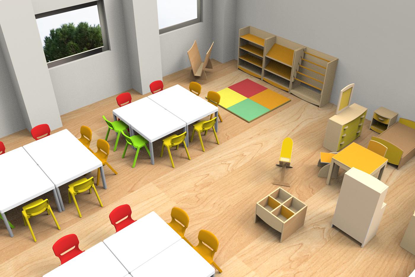 Une salle de classe avec des planchers en bois clair, des tables entourées de chaises colorées, des étagères ouvertes, une cuisine ludique, des meubles de rangement, un coin lecture avec des tapis en mousse et de grandes fenêtres laissant entrer la lumière naturelle.