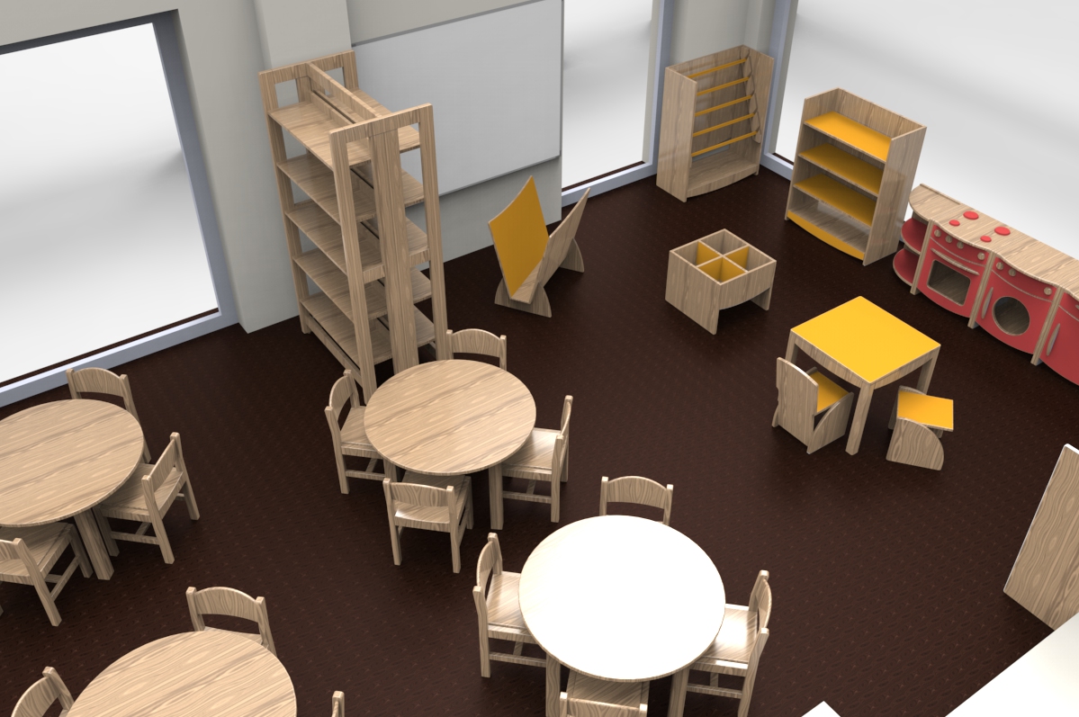 Une salle de classe avec des tables rondes en bois, des petites chaises, des étagères, un ensemble de cuisine, une table jaune avec deux chaises et des meubles de rangement, le tout posé sur une moquette marron foncé.
