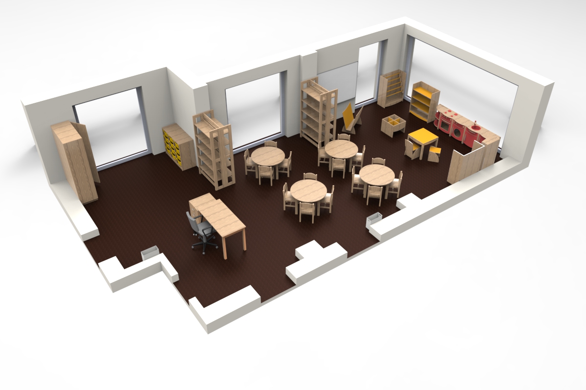 Rendu 3D d'une salle de classe avec des tables rondes et des chaises au centre, des étagères le long des murs, un bureau d'enseignant avec une chaise près de l'entrée, et des meubles de cuisine dans un coin.