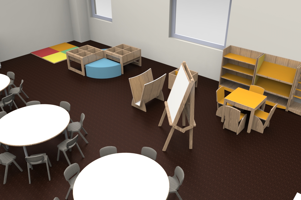 Une salle de classe avec des tables rondes et des chaises, des étagères, un ensemble de chevalets, une petite table avec des chaises jaunes, des rangements en bois et des tapis en mousse colorés dans un coin, sous deux grandes fenêtres.
