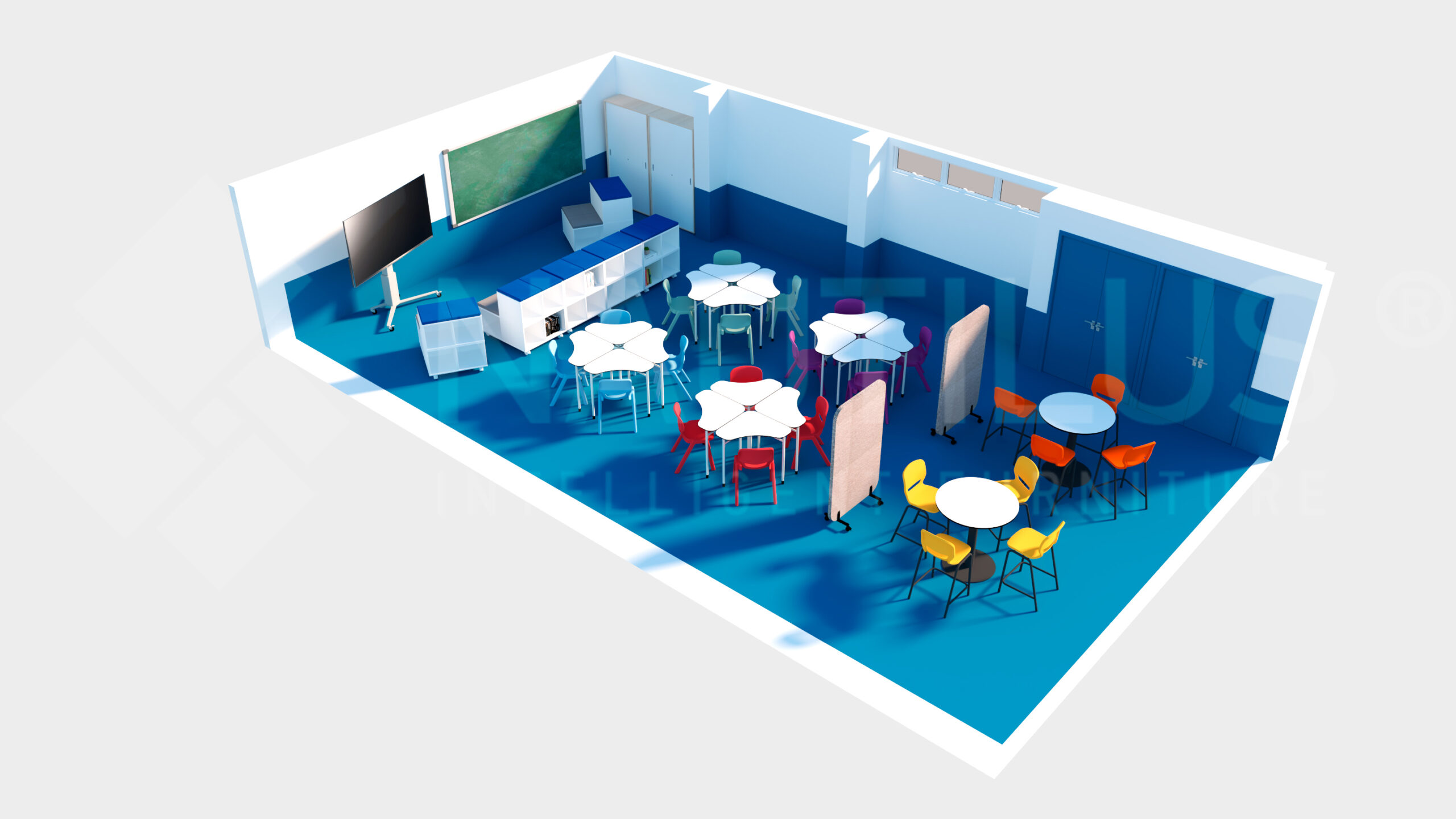 Une salle de classe CEPA moderne avec des sols bleus, des tables rondes et des chaises colorées, des cloisons mobiles, un écran numérique, un tableau noir, un bureau d'enseignant et des fenêtres laissant entrer la lumière naturelle - idéale pour l'apprentissage Aula Mentor ou Ateca.