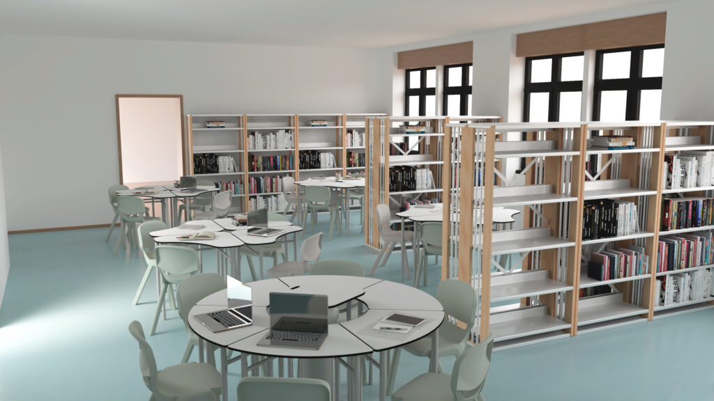 Un intérieur de bibliothèque moderne avec des tables rondes, des chaises, des ordinateurs portables et des étagères remplies de livres. De grandes fenêtres laissent entrer la lumière naturelle, créant ainsi un espace d'étude lumineux et ouvert.