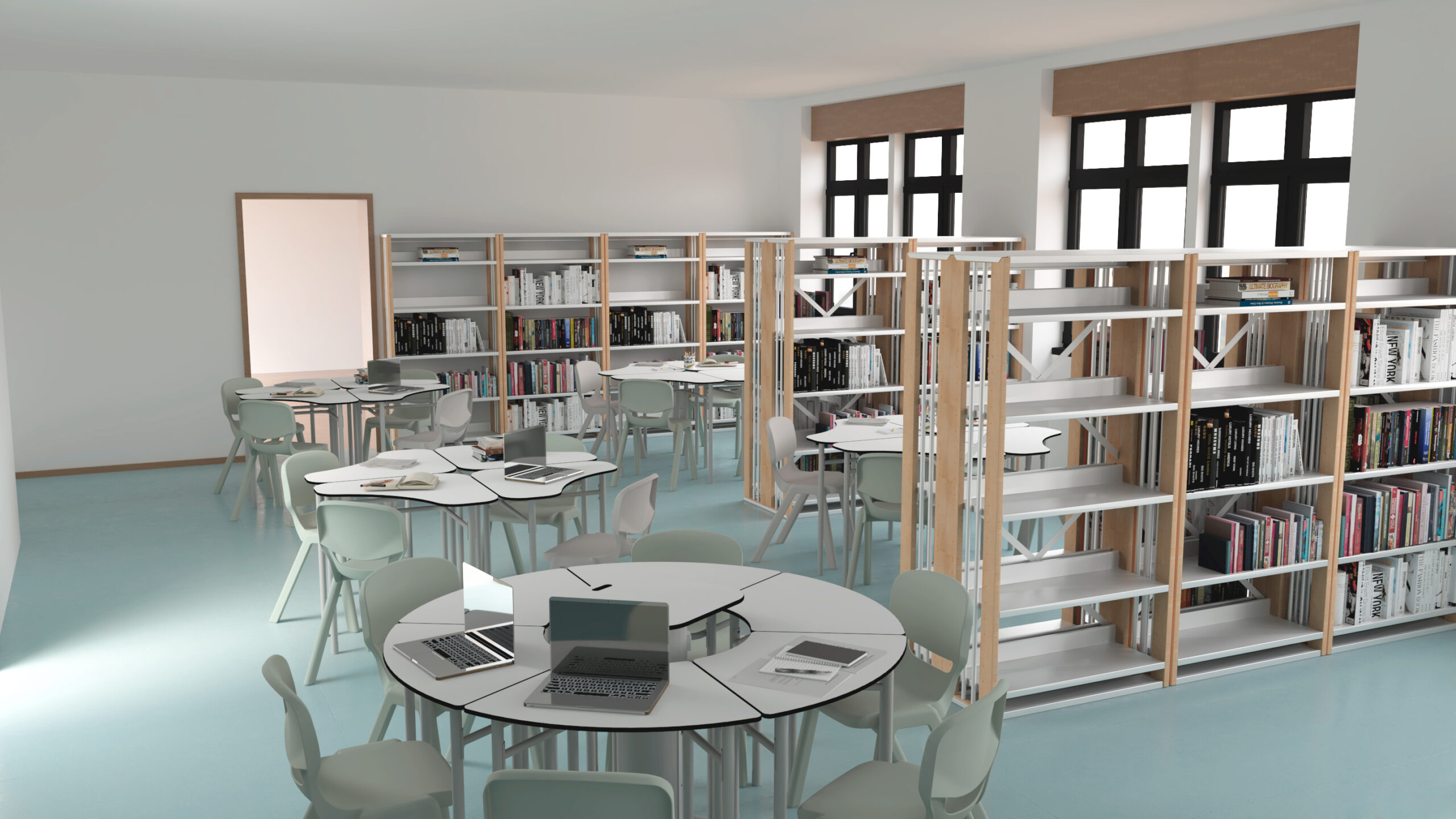 Un intérieur de bibliothèque moderne avec des tables rondes, des chaises, des ordinateurs portables et des étagères remplies de livres. De grandes fenêtres laissent entrer la lumière naturelle, créant ainsi un espace d'étude lumineux et ouvert.