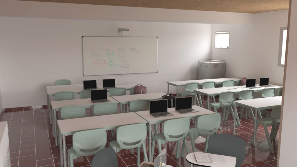 Une salle de classe moderne avec des chaises vert clair, des bureaux blancs et plusieurs ordinateurs portables ouverts reflète la configuration d'une école numérique. Un tableau blanc avec écriture et un projecteur se trouvent à l'avant, ainsi que de grandes fenêtres, des sols carrelés et une armoire dans le coin arrière.