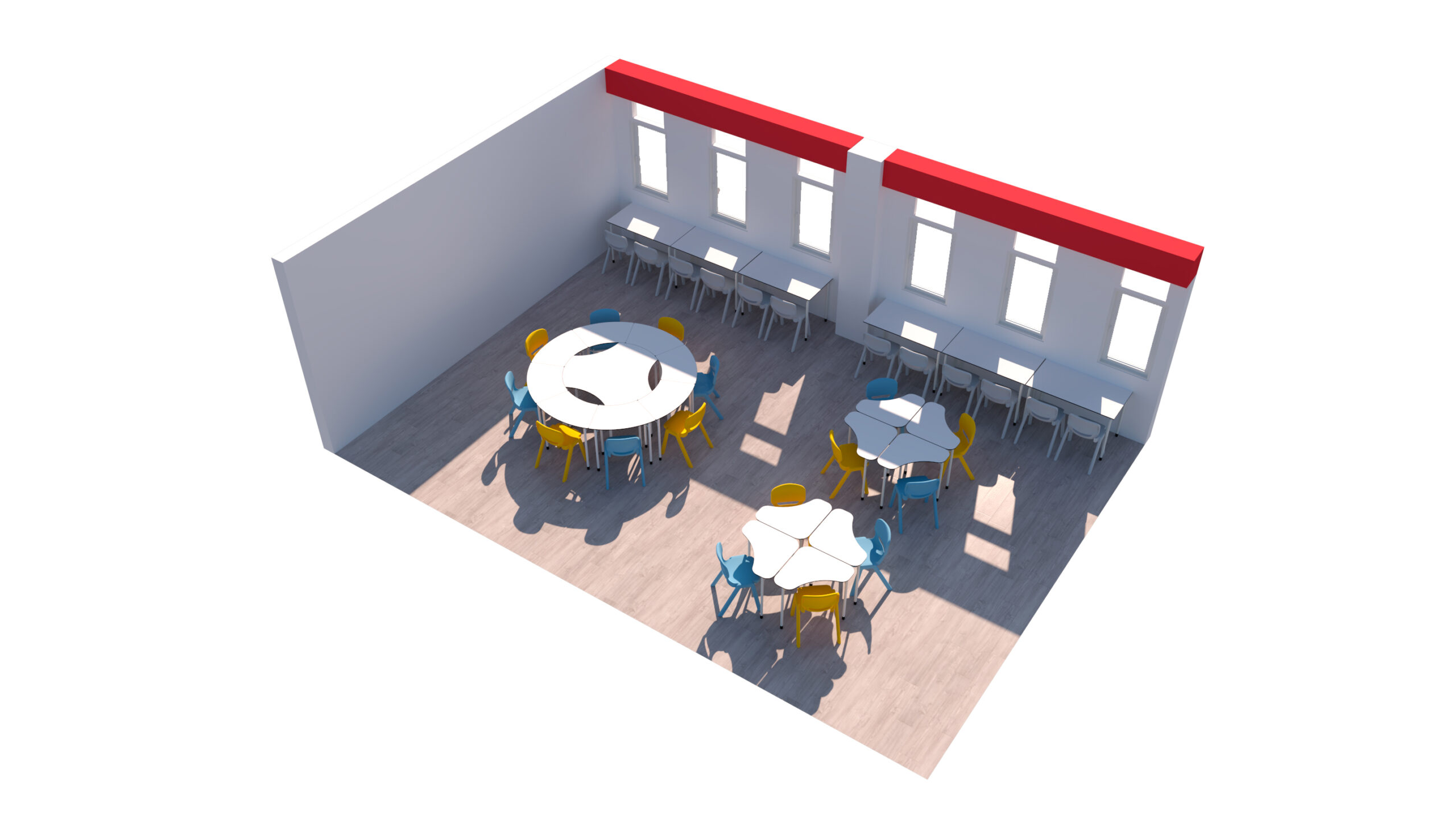 Rendu 3D d'une salle de classe Aula Mentor au CEPA Ateca, comprenant trois tables hexagonales avec des chaises colorées, une rangée de bureaux le long des fenêtres ensoleillées, et la lumière du soleil qui pénètre à l'intérieur pour créer un espace d'apprentissage dynamique.