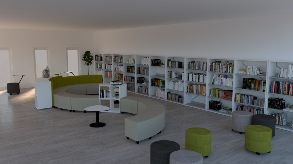Un espace bibliothèque moderne avec des sièges incurvés, des tables rondes, des poufs, des étagères remplies de livres, une plante en pot et de grandes fenêtres laissant entrer la lumière naturelle.