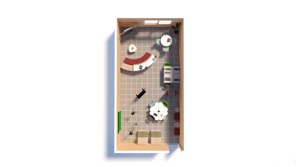 Vue de haut en bas d'un petit bureau CEPA avec des bureaux, des chaises, un bureau d'accueil incurvé, des sièges pour la salle d'attente, une table ronde et divers meubles de bureau soigneusement disposés sur un sol carrelé.