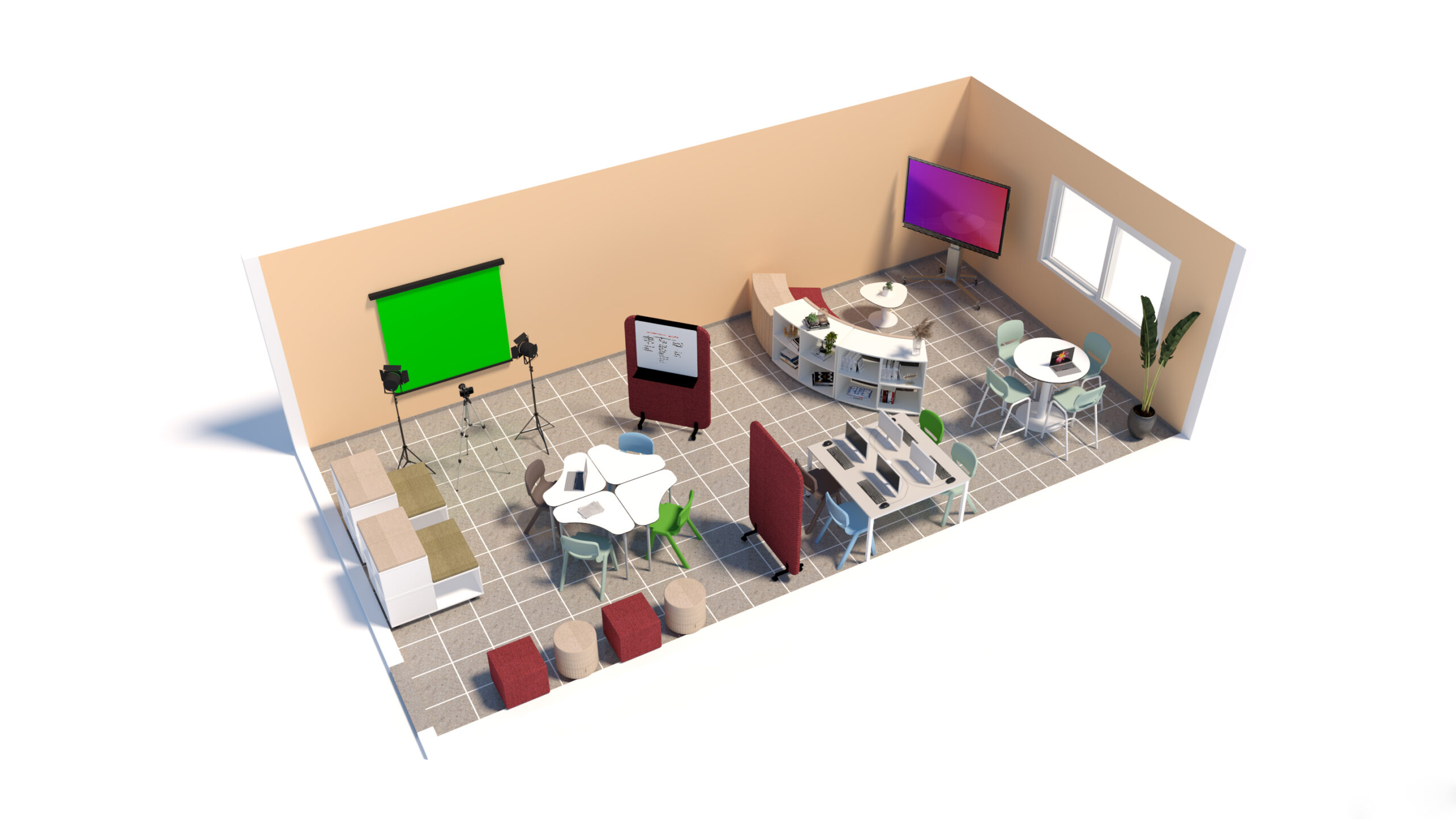 Une salle de classe de l'Aula Mentor en 3D avec des postes de travail, des ordinateurs, des tables rondes, un écran vert avec des caméras, des écrans géants sur les murs, des tabourets, un tableau blanc et une plante en pot près de la fenêtre.