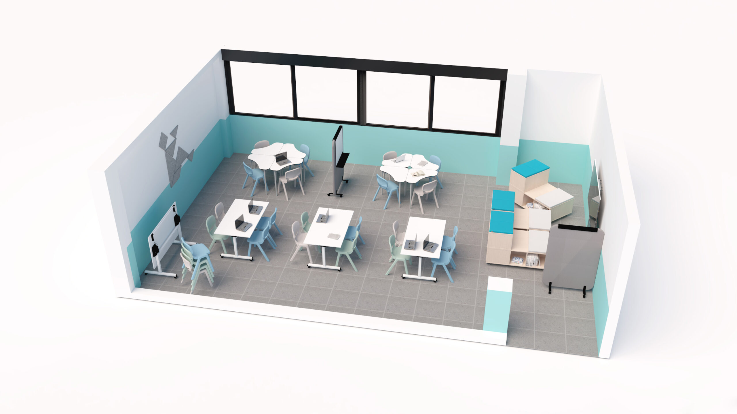Rendu 3D d'une salle de classe moderne CEPA avec des tables hexagonales et carrées, des chaises, de grandes fenêtres, des murs turquoise, des étagères, un meuble de rangement et deux moniteurs ou tableaux intelligents - idéal pour un environnement d'apprentissage Ateca ou Aula Mentor.