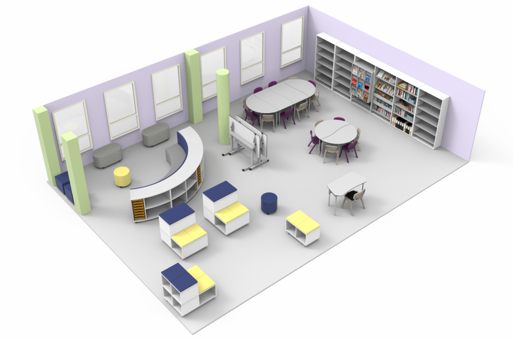 Rendu 3D d'une salle de bibliothèque moderne au CEPA Ateca, comprenant des étagères, des tables rondes avec des chaises, un bureau de service incurvé, des bancs rembourrés, des tabourets et de grandes fenêtres le long de deux murs. L'espace est ouvert, coloré et bien éclairé - parfait pour l'apprentissage de l'Aula Mentor.