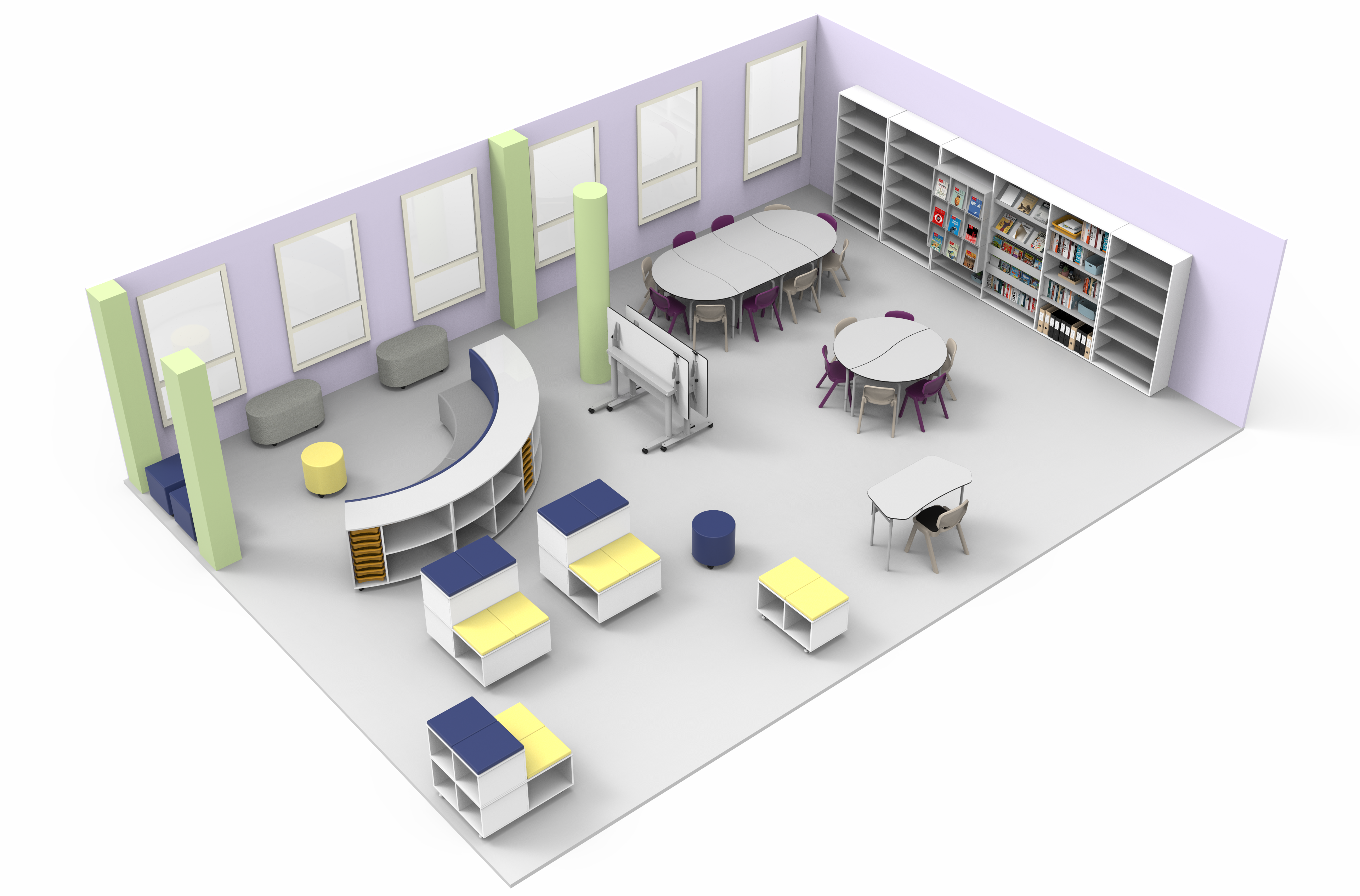 Rendu 3D d'une salle de bibliothèque moderne au CEPA Ateca, comprenant des étagères, des tables rondes avec des chaises, un bureau de service incurvé, des bancs rembourrés, des tabourets et de grandes fenêtres le long de deux murs. L'espace est ouvert, coloré et bien éclairé - parfait pour l'apprentissage de l'Aula Mentor.