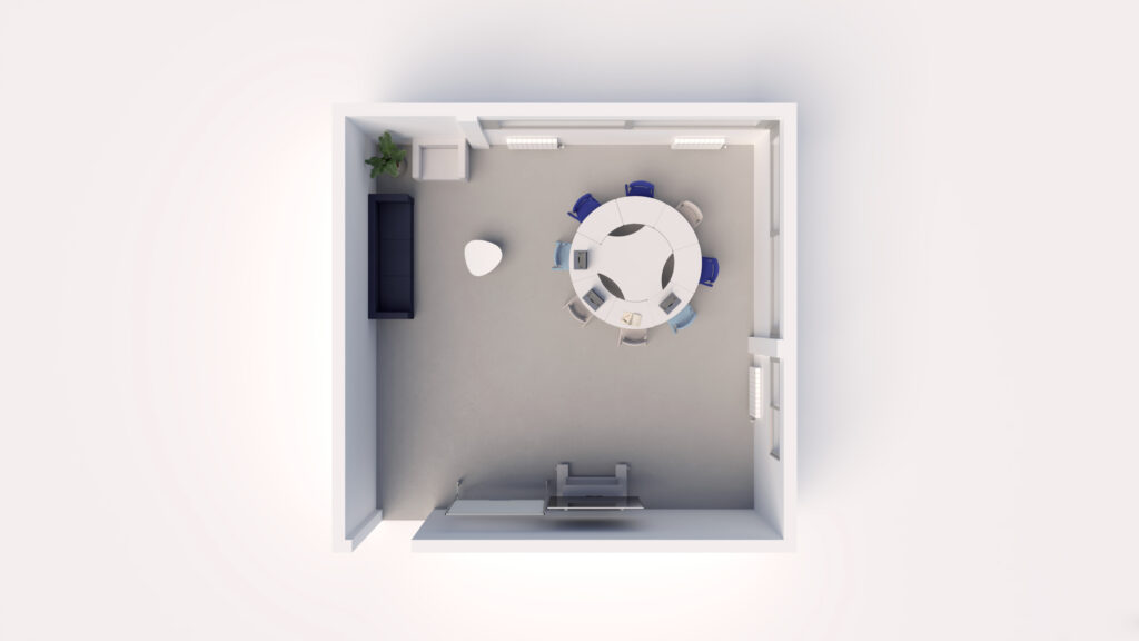 Vue de haut en bas d'une petite pièce moderne conçue pour les espaces informels, comprenant une table ronde avec six chaises, un canapé noir, une plante en pot, une table d'appoint blanche et un téléviseur ou un écran fixé au mur en face du canapé.