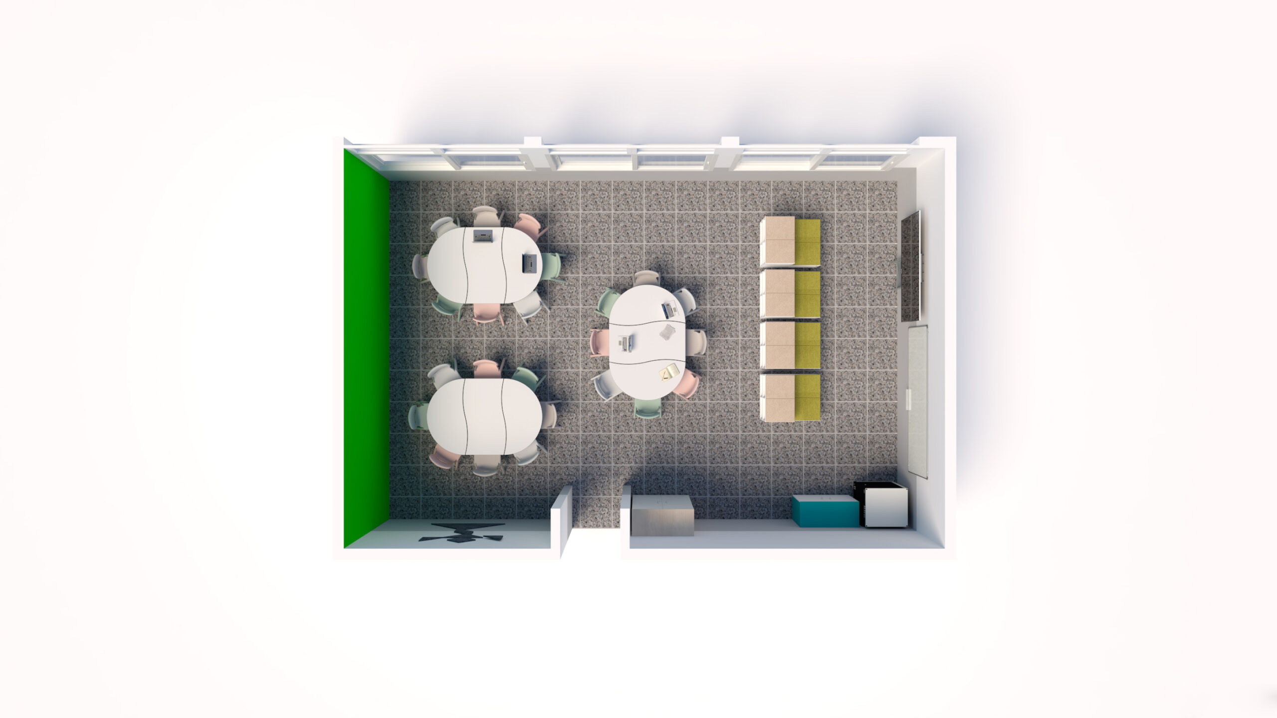 Vue de haut d'un bureau Ateca moderne avec deux tables rondes et des chaises, une rangée de bancs rembourrés verts et jaunes, un mur d'accent vert et des étagères le long du côté droit - parfait pour les activités de CEPA ou d'Aula Mentor.